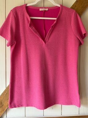 Zenana Hot Pink Short Sleeve Waffle Knit V-Notch Top